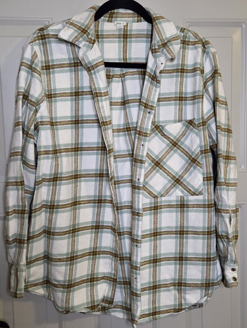 aerie - White Plaid Button-Down Shirt with Olive and Brown Stripes
